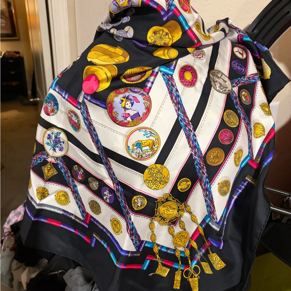 Vintage designer heremes Colorful Patterned Silk Scarf